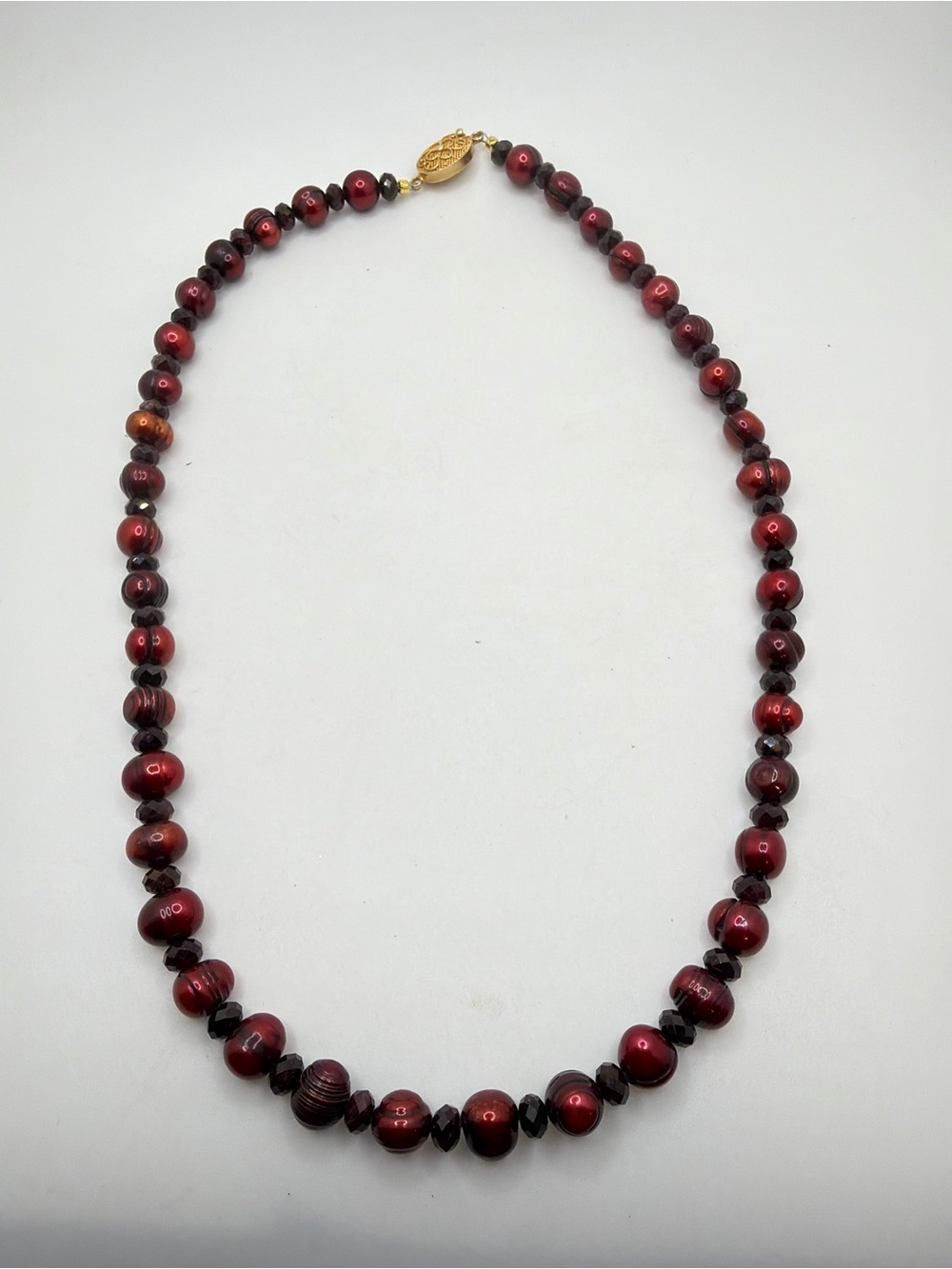 21.5" REVIVED! 10mm Dyed Wine/Red freshwater Pearls and faceted garnet necklace!